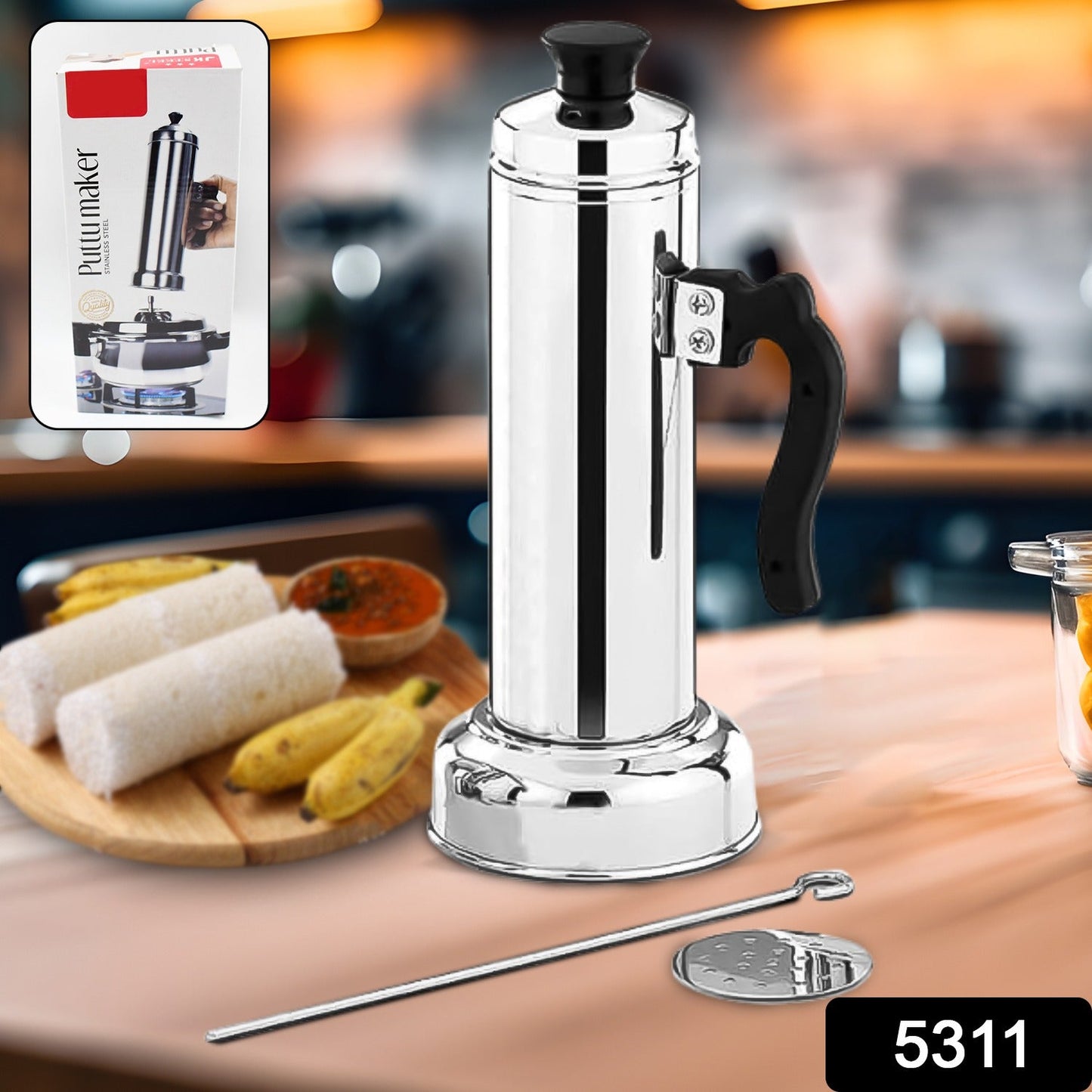 Puttu Maker with Steamer Plate, Metal Stick, Black Plastic Handle, Silver Lid, Puttu Maker Set To Use with Pressure Cooker Top, Food Grade Stainless Steel