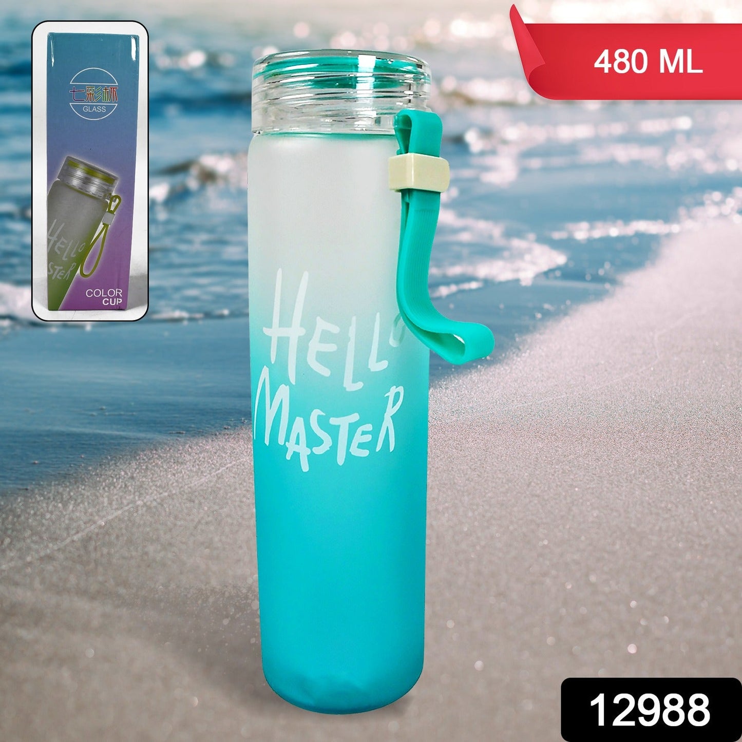 Motivational Glass Water Bottle Colorful potable Water Glass Bottle With Rubber Band, Daily Intake Hourly Water Bottle to Ensure You Drink Enough Water Throughout The Day Reusable Cycling Gym, Workout Fitness Bottle (480 ML)