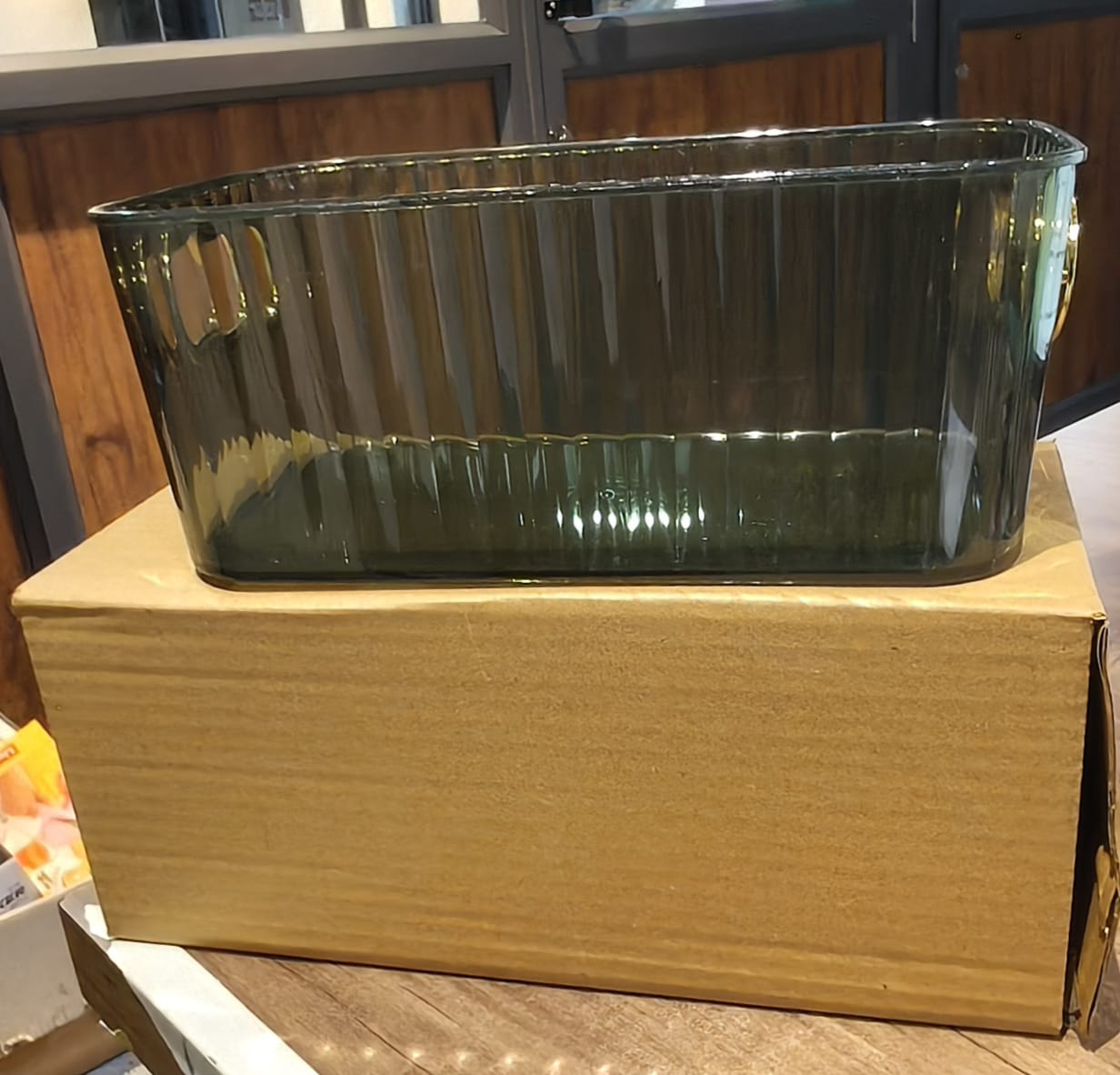 Premium Ribbed Transparent Storage Basket with Gold Handle – Multipurpose Kitchen & Home Organizer Box