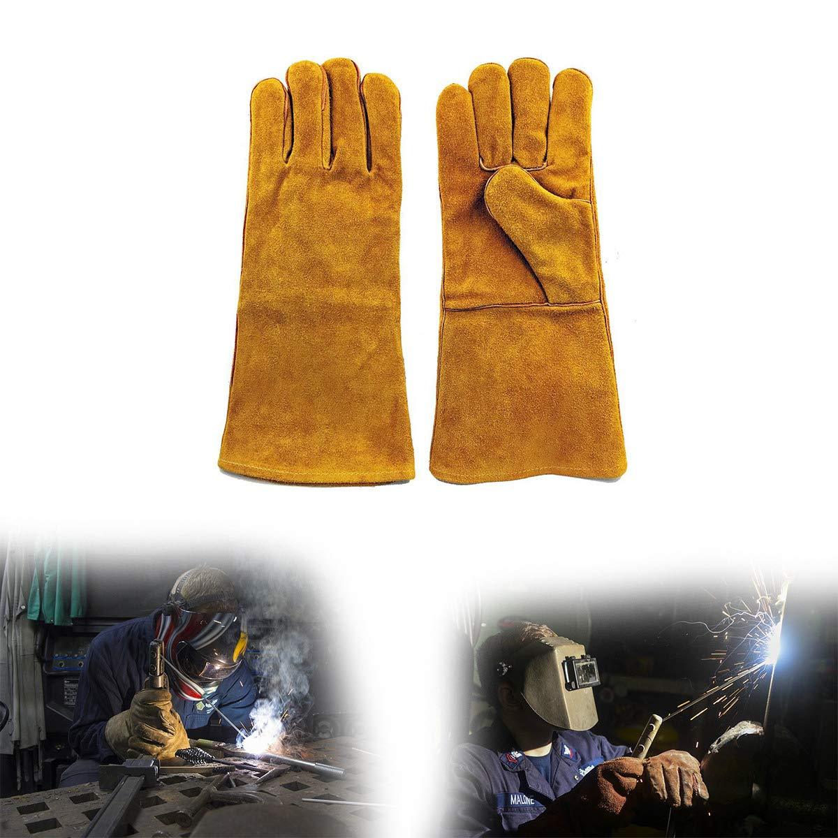 Flexible suede welding gloves with long cuffs for forearm protection.