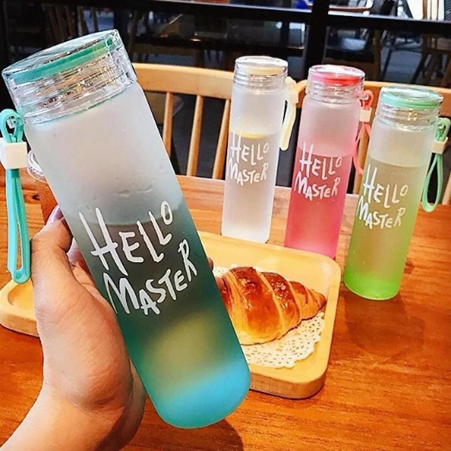 Motivational Glass Water Bottle Colorful potable Water Glass Bottle With Rubber Band, Daily Intake Hourly Water Bottle to Ensure You Drink Enough Water Throughout The Day Reusable Cycling Gym, Workout Fitness Bottle (480 ML)