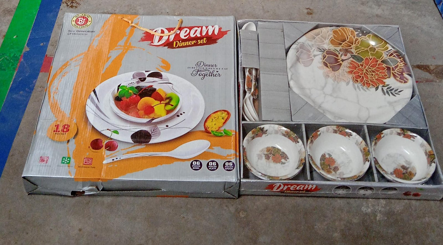Dream 18-Piece Plastic Dinner Set – Unique Flower Design, 6 Plates, 6 Bowls & 6 Spoons, Microwave & Dishwasher Safe