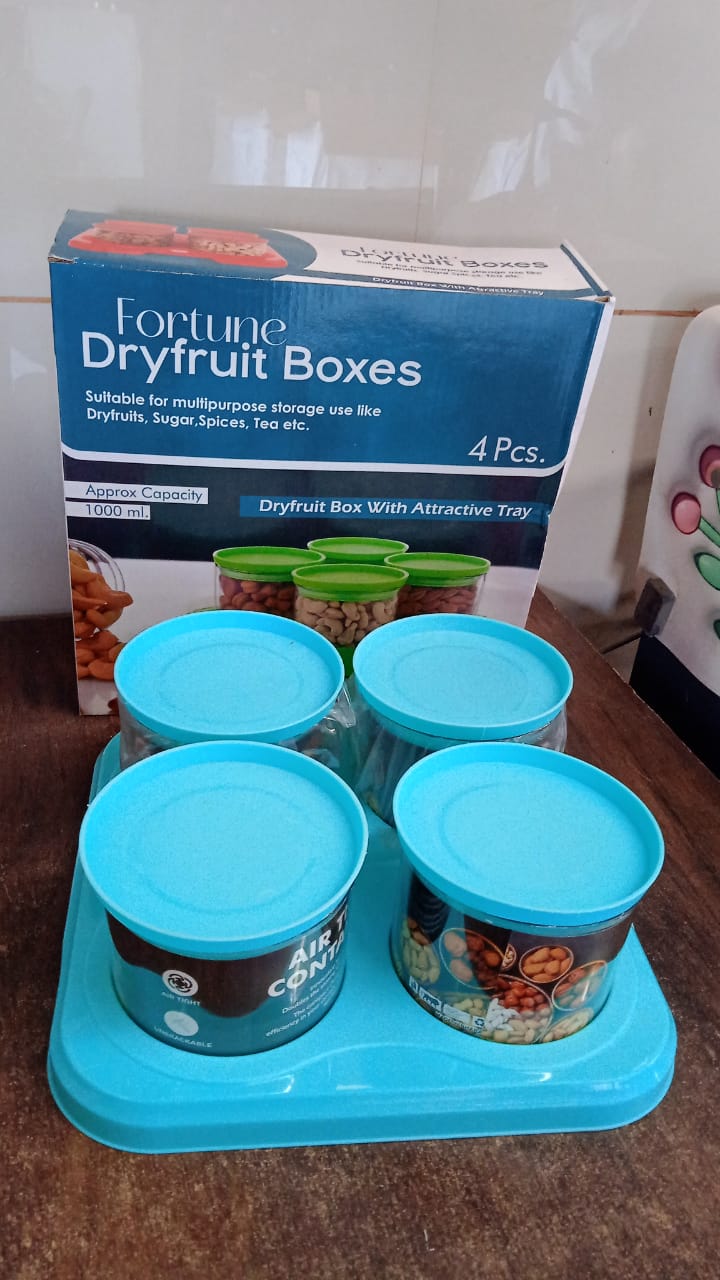 Airtight Container Jar 4 Pc Set With Stylish Tray for Kitchen Unbreakable Jar Set for Multipurpose Storage ( Mukhwas Dani )