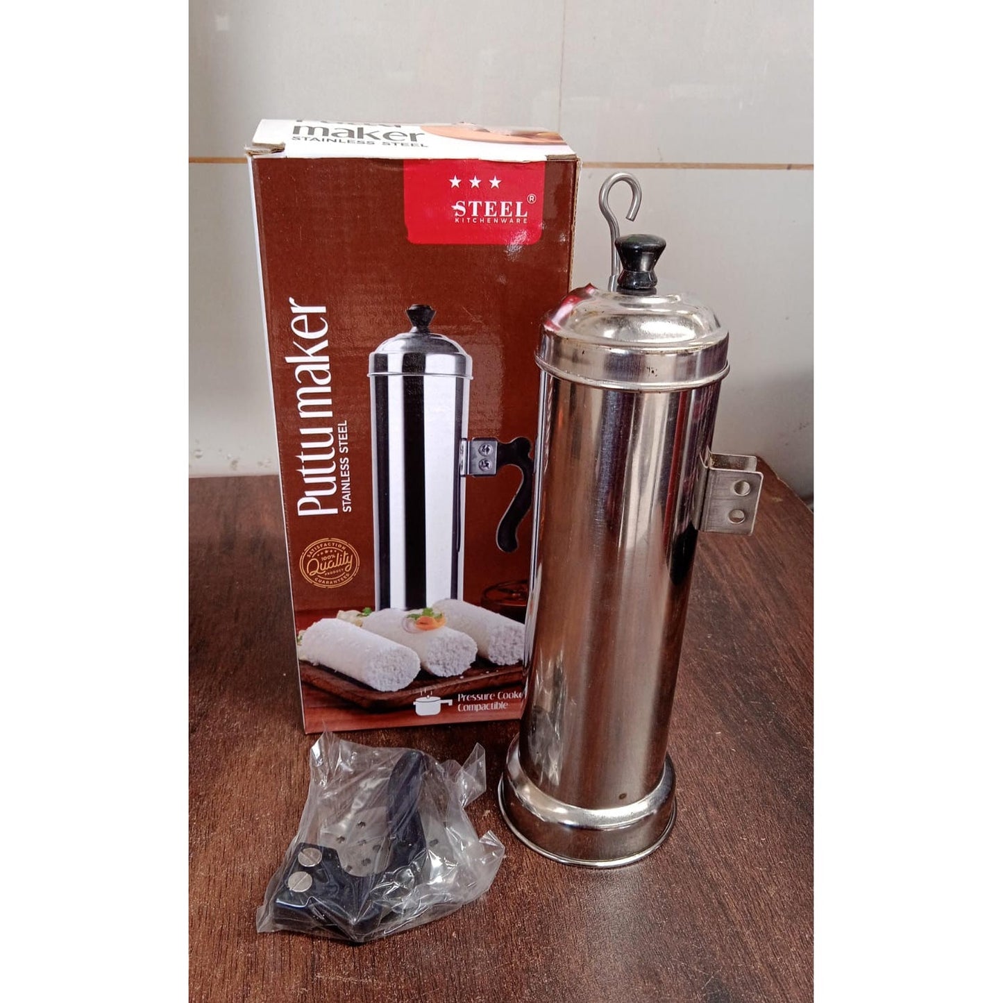 Puttu Maker with Steamer Plate, Metal Stick, Black Plastic Handle, Silver Lid, Puttu Maker Set To Use with Pressure Cooker Top, Food Grade Stainless Steel