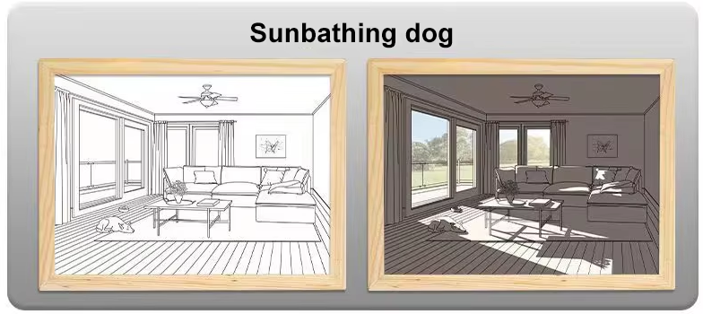 Luminous wood frame night lamp sunbathing dog