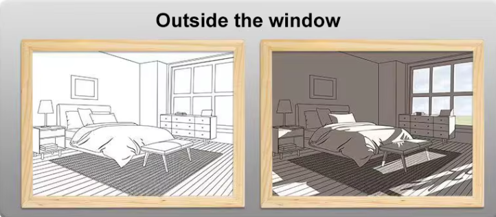 Luminous wood frame night lamp Outside the window