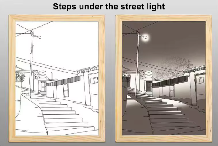 Luminous wood frame night lamp Steps under the street light