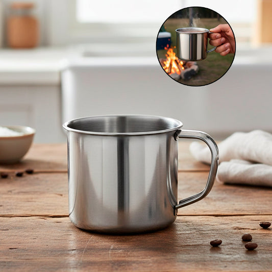 Stainless steel utility mug for tea and coffee use with sturdy handle