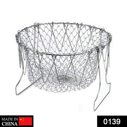 The multi-functional foldable strainer basket shown in its compact, flat storage configuration.