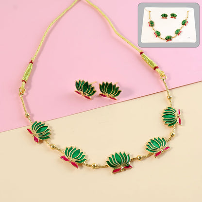 Lotus motif green and gold-tone necklace set with matching stud earrings