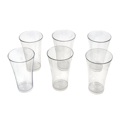 Stack of clear plastic juicy glasses, showcasing their lightweight design.