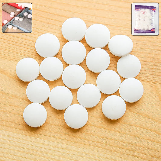 Premium naphthalene mothballs in round tablet form for cupboard moth protection