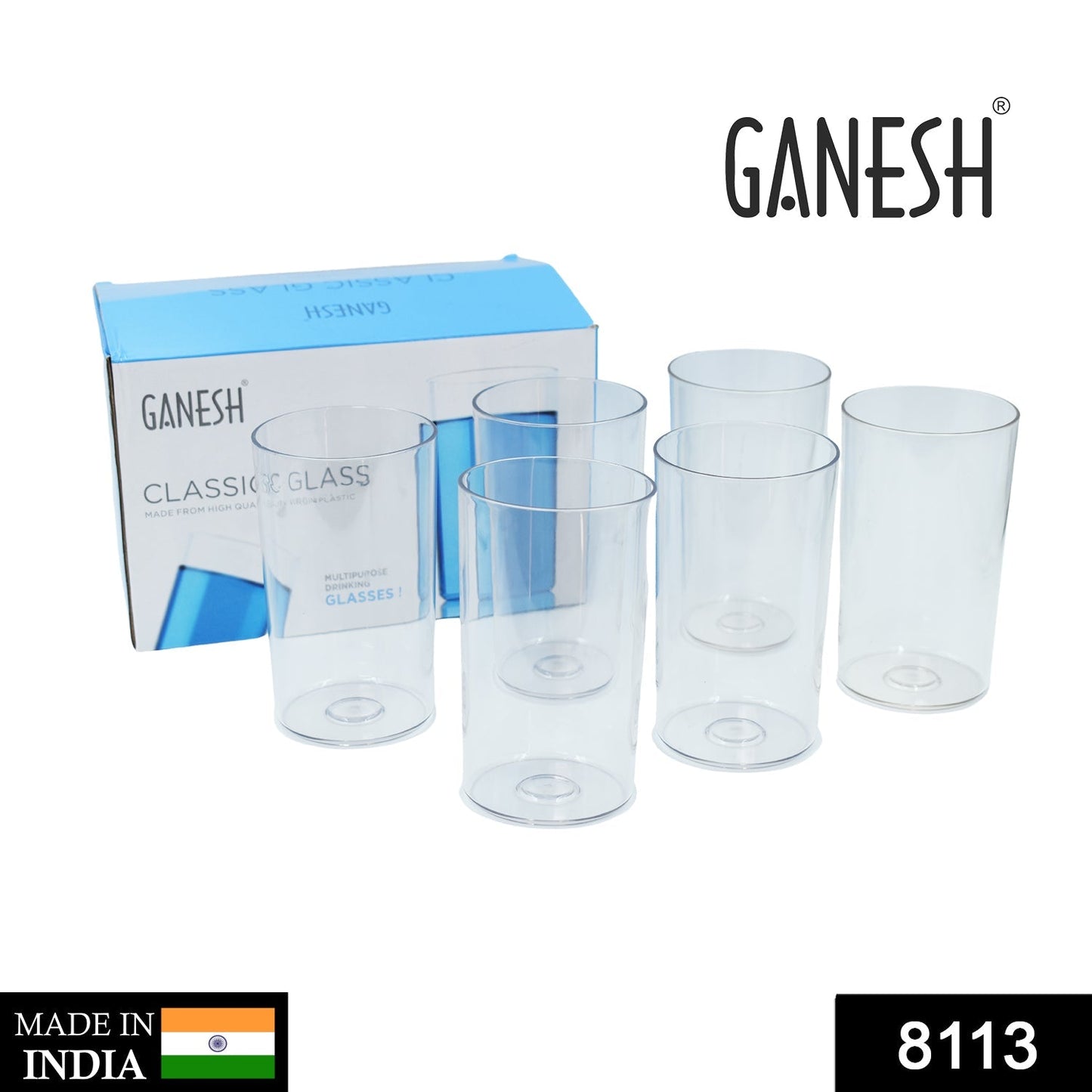 Full view of the Ganesh Classic transparent plastic glasses set, ready for use.