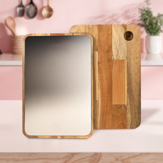 Front view of Steel Oak Cutting Board with durable stainless steel surface and wooden handle