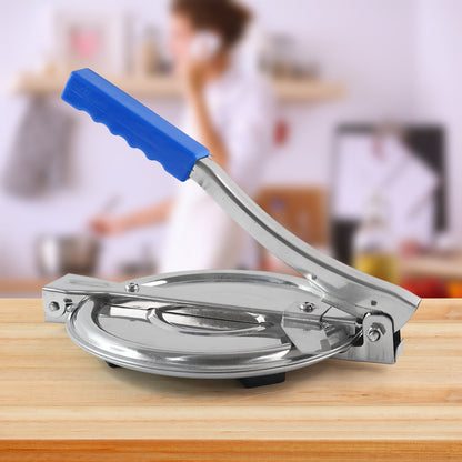 Puri Press Maker, stainless steel, with non-slip handle on a white background, ready for use.