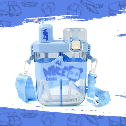 Vibrant Kids Water Bottle with Dual Compartments and double straw design.