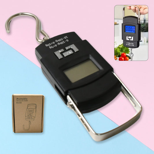 Digital weighing scale with hook, displaying a clear LCD screen.