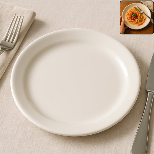 30 cm round dinner plate with glossy white finish on table