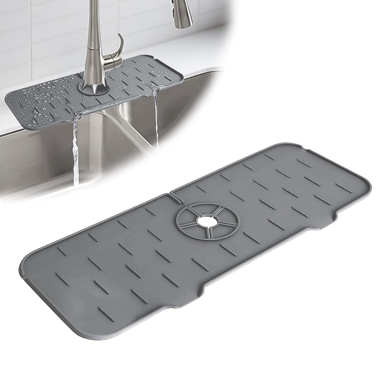 CrystalWash silicone faucet mat in dark grey, shown protecting a kitchen sink countertop from water splashes.