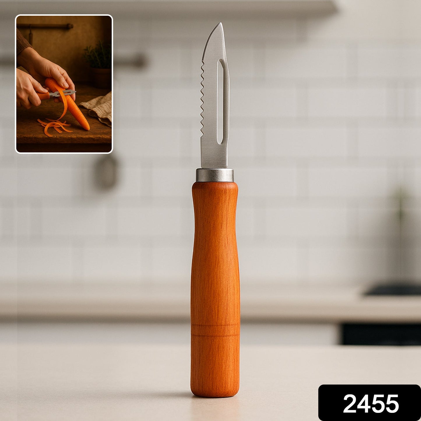 Close-up of the durable stainless steel blade and smooth wooden handle of the peeler.