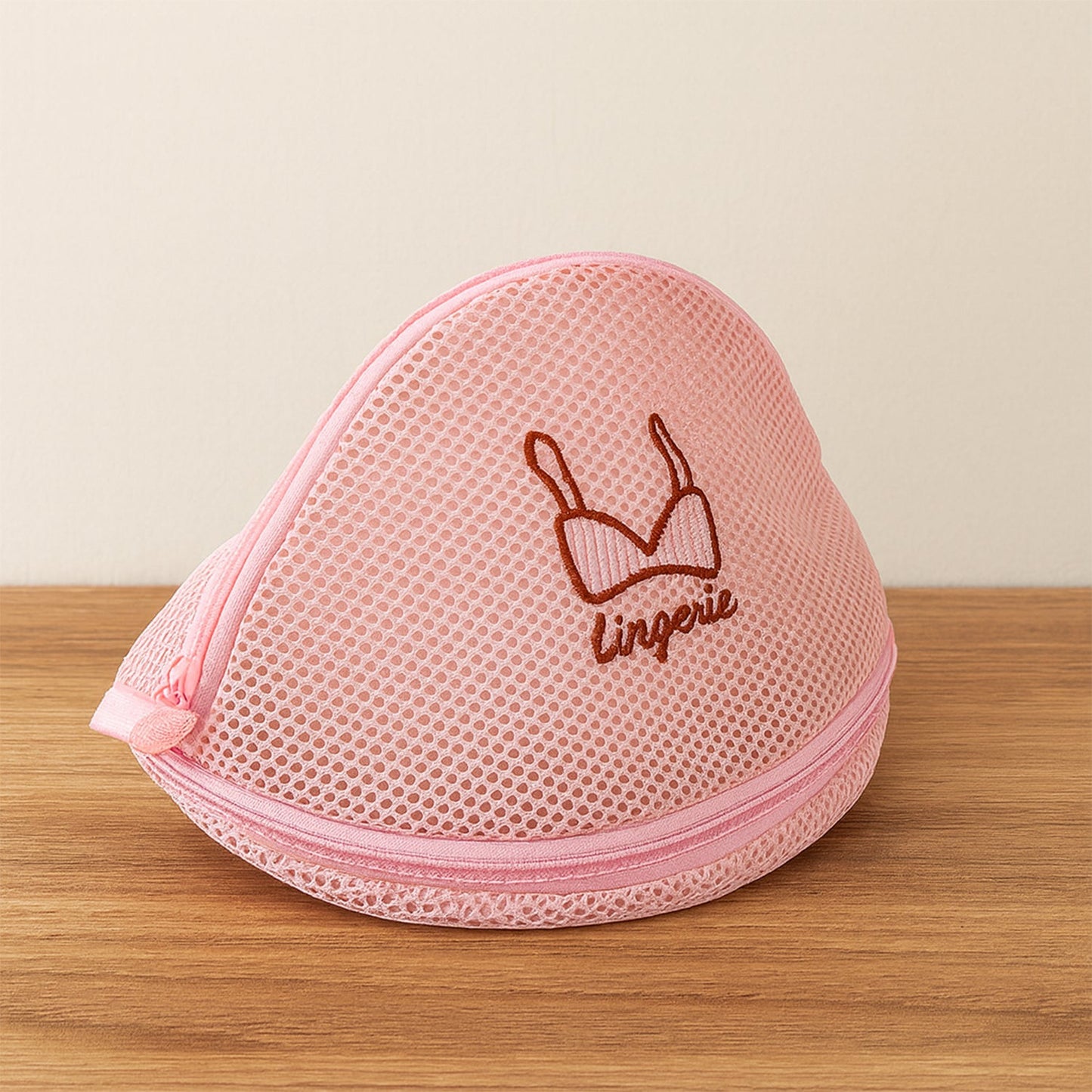 Dome-shaped lingerie wash bag with protective mesh pouch and zip guard