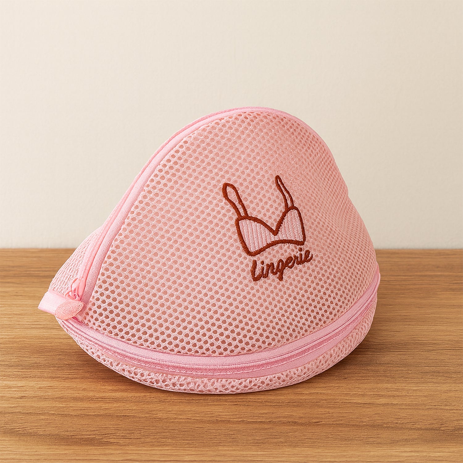 Dome-shaped lingerie wash bag with protective mesh pouch and zip guard