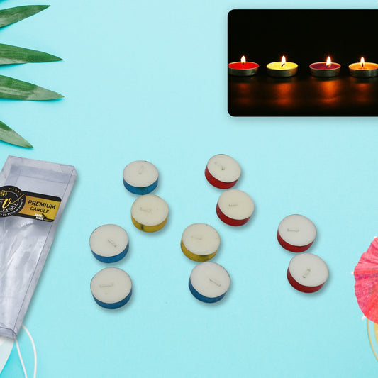 Set of 10 colorful decorative candles arranged attractively.