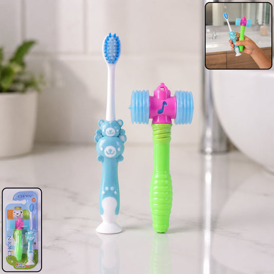 Colorful kids' toothbrush and hammer toy set in packaging