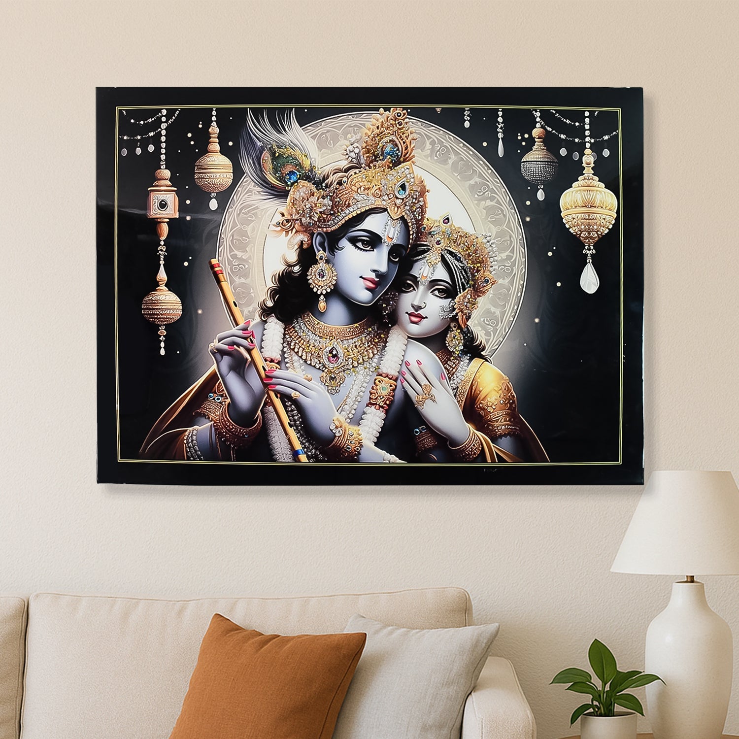 Lord Krishna and Radha wall painting framed in wooden frame 60x45 cm