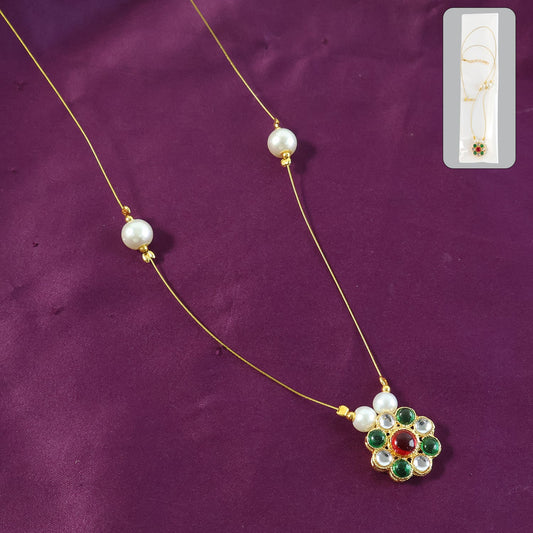 Multicolor stone pearl pendant chain showcasing traditional floral design
