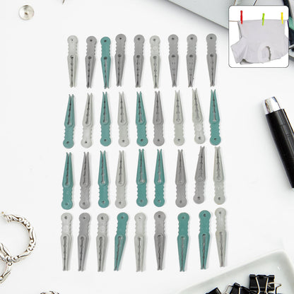 A set of 36 colourful plastic cloth pegs in a clear plastic basket, ready for laundry.