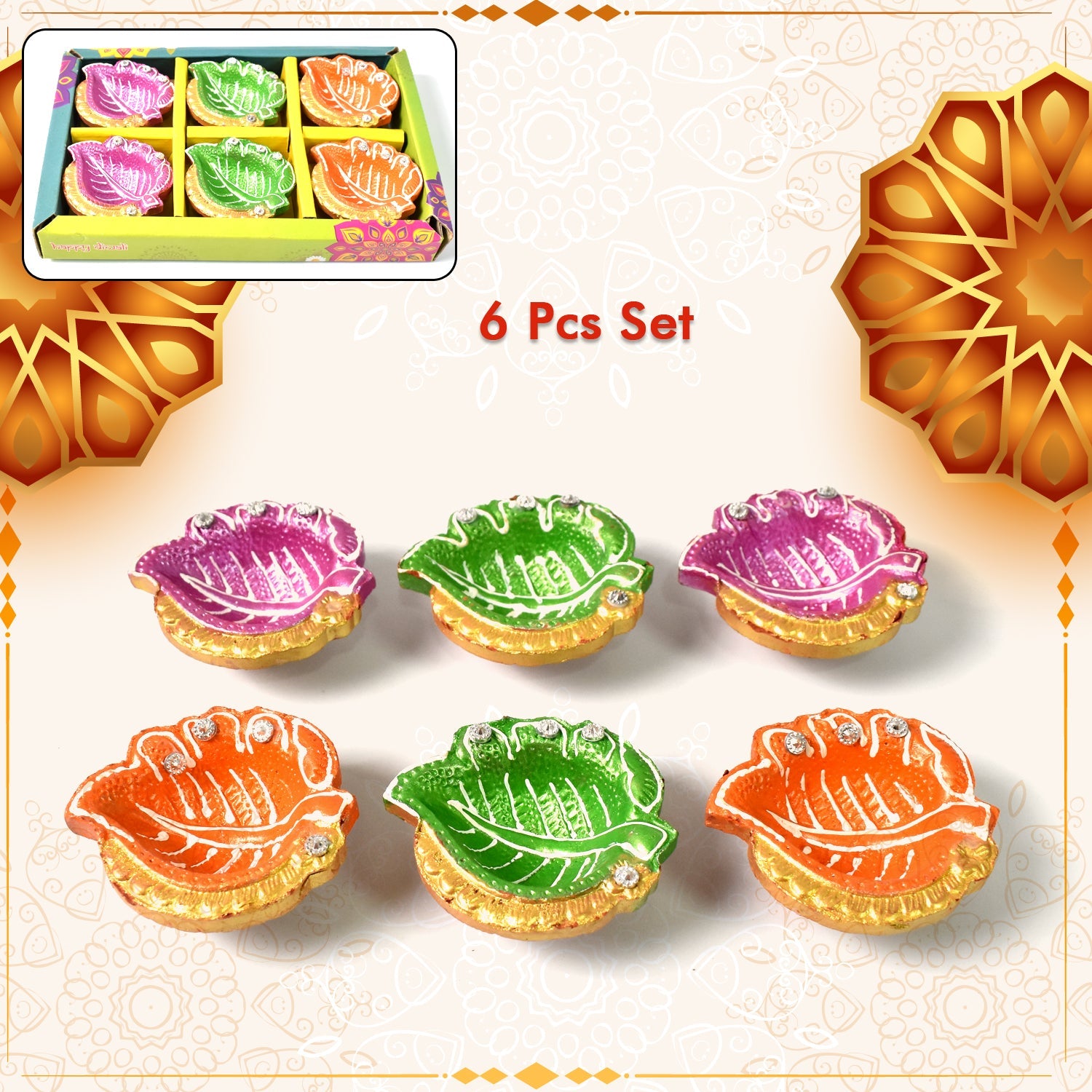 Set of six vibrant hand-painted clay diyas with mixed traditional designs, perfect for Diwali celebrations.