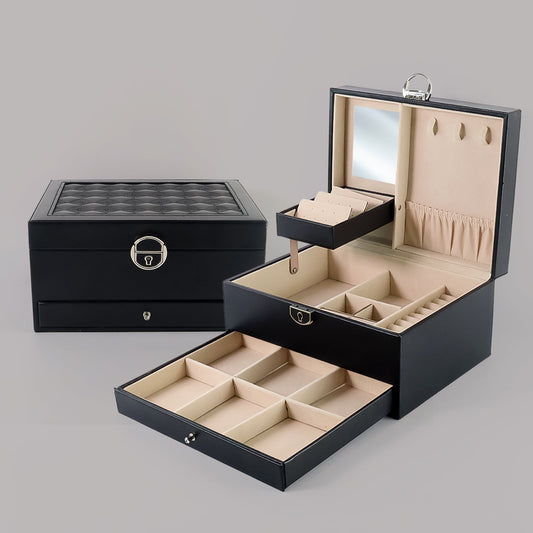 Elegant multi-layer Jewellery Organizer Box open, showing compartments and mirror.