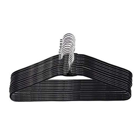 A pack of ten sleek stainless steel hangers displayed neatly against a white background.