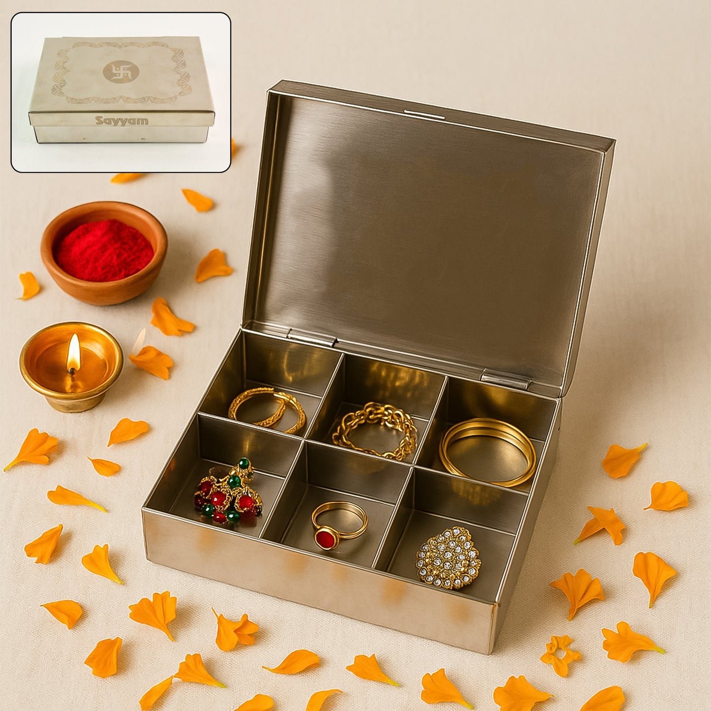 Multipurpose Premium Stainless Steel Jewelry Storage Organizer Box with 6 Compartments (1 Pc)