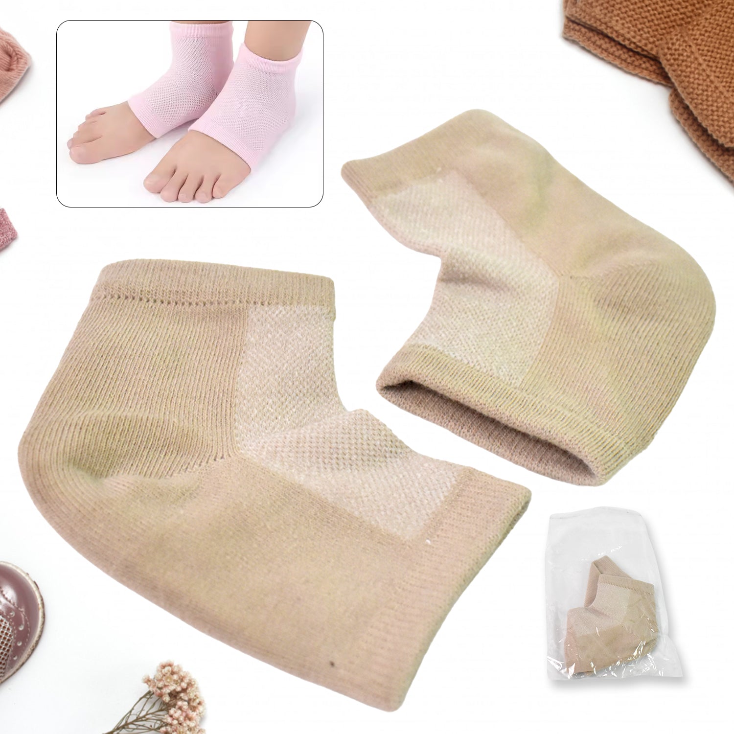 Close-up of the breathable, toeless design of the heel socks.