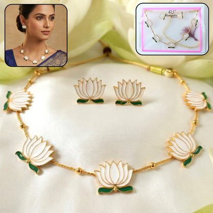 Elegant white lotus necklace with matching stud earrings set