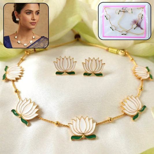 Elegant white lotus necklace with matching stud earrings set