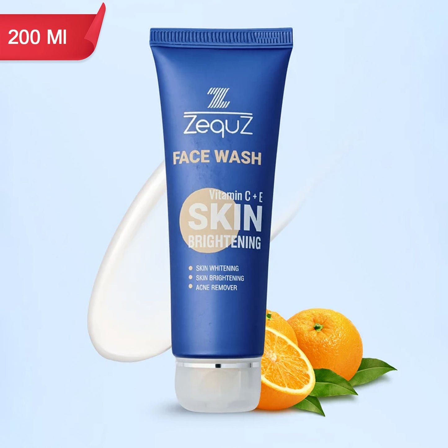 Zequz Vitamin C Brightening Face Wash 200 ml tube with fresh orange background