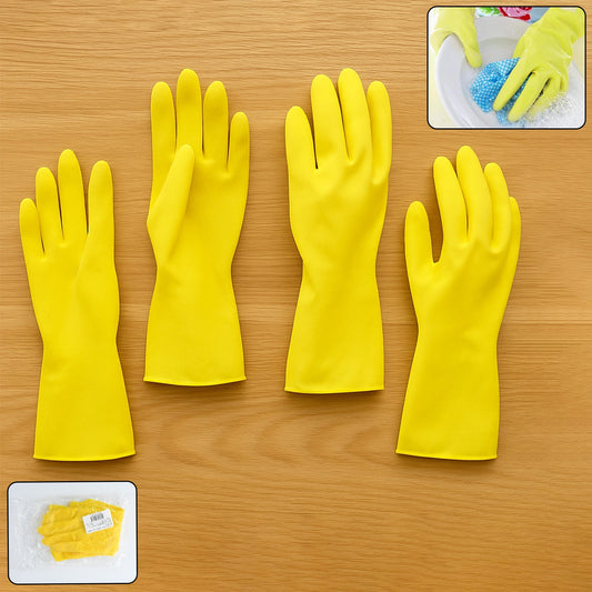 Yellow rubber cleaning gloves, ideal for dishwashing and household chores.