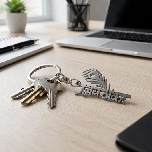 metal peepal leaf design keychain with religious symbol