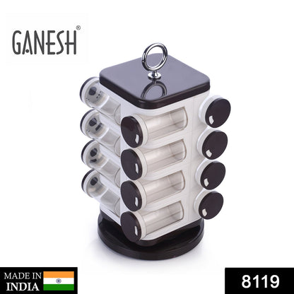 Front view of Ganesh 16-jar revolving spice rack in a modern kitchen setting.