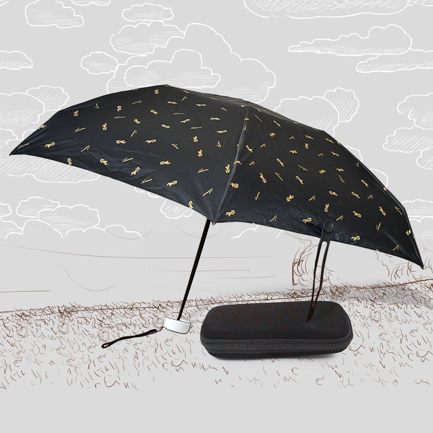 Compact umbrella with UV shield and zip case, displayed open for sun and rain protection.