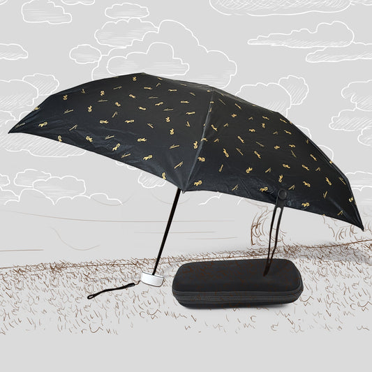 Compact umbrella with UV shield and zip case, displayed open for sun and rain protection.