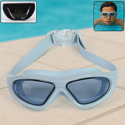 Wide vision swimming goggles in grey with protective hard case