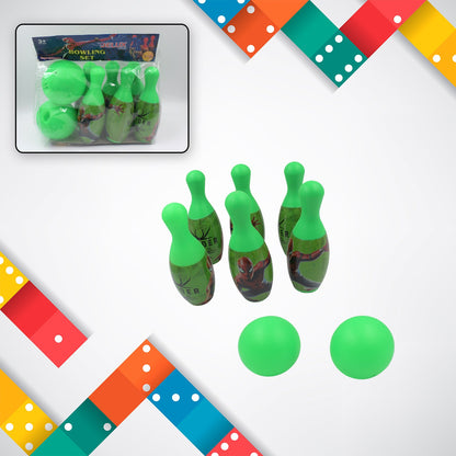 Colorful plastic bowling pins and two balls for a kids bowling set.