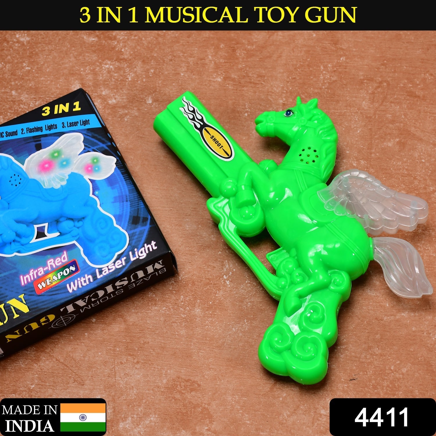 Side view of the interactive kids' play gun featuring laser and sound effects.