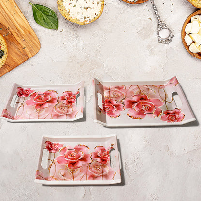 Close-up of the elegant floral printed design on a large plastic serving tray.