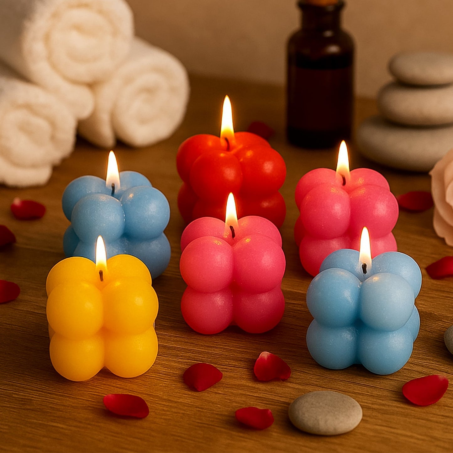 Set of 6 multicolor bubble cube candles displayed as modern decorative wax candles