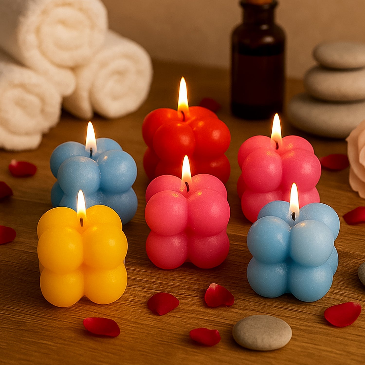 Set of 6 multicolor bubble cube candles displayed as modern decorative wax candles